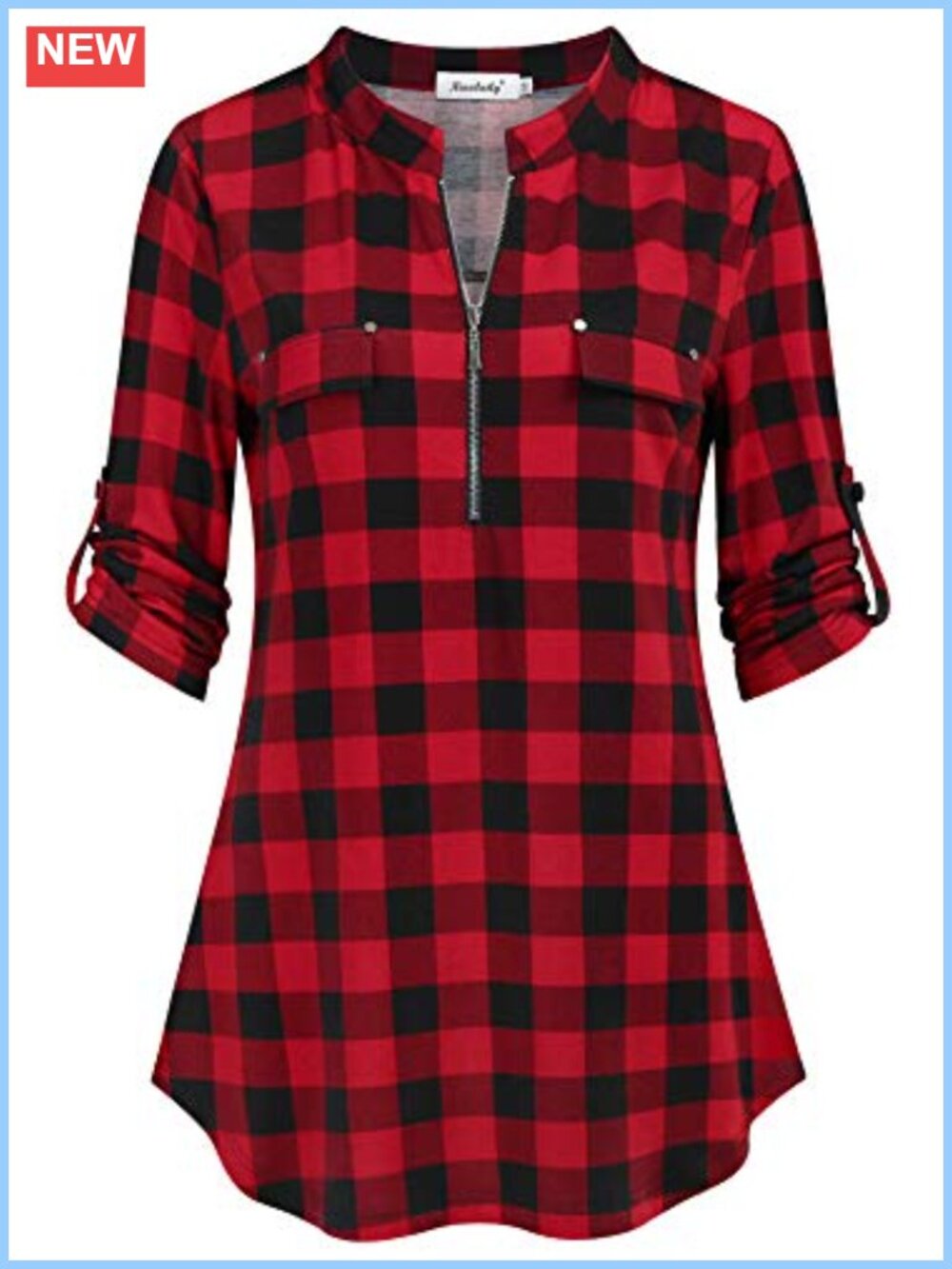 Women's 3/4 Sleeve Plaid Tunic Blouse, 95% Polyester 5% Spandex, V-Neck with